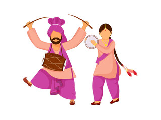 Obraz premium Cartoon Punjabi Couple Playing Music Instrument On White Background.