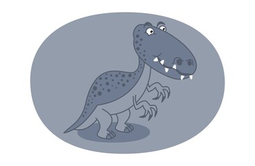 Grey carnivorous dinosaur with large teeth and claws on grey background