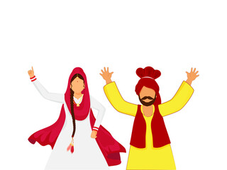 Cartoon Punjabi Couple Doing Bhangra On White Background.