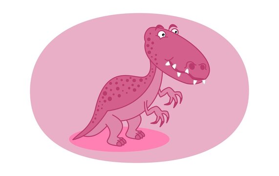 Pink carnivorous dinosaur with large teeth and claws on pink background 