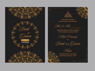 Fototapeta na wymiar Islamic Wedding Invitation Card With Mandala Pattern In Black And Orange Color.
