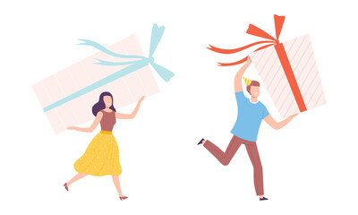 Man and Woman in Birthday Hat Carrying Huge Wrapped Gift Box Vector Set