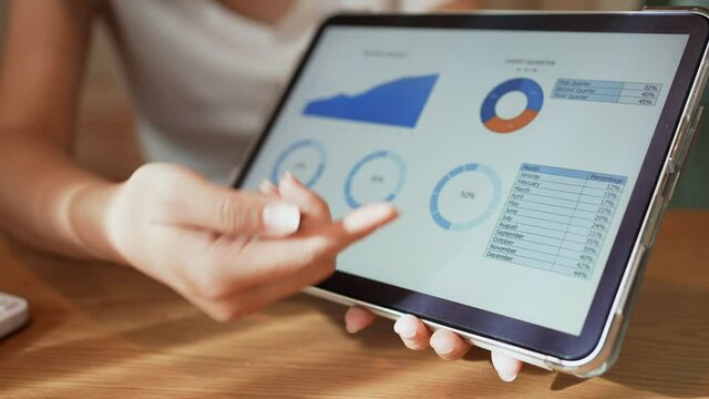 slow motion scene employee woman check performance and summary report of company at office board room for business and industry concept	