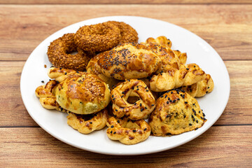 Sesame crackers cookies on wooden background. Snack cookies. close up