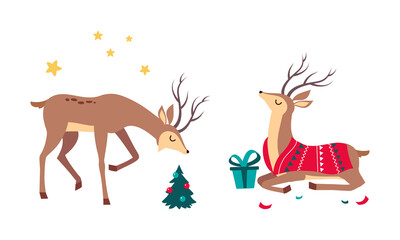 Slender Reindeer with Antler Sitting with Gift Box and Fir Tree Vector Set