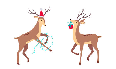 Fototapeta na wymiar Slender Reindeer with Antler Wearing Hat and Carrying Gift Box Vector Set