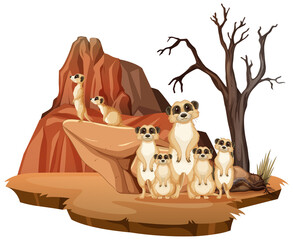 Isolated nature scene with meerkat family