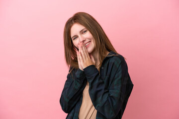 Young English woman isolated on pink background keeps palm together. Person asks for something