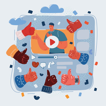 Vector illustration of man Vlogger promotion himself. And thumb up signt all around him