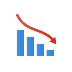 Decreasing arrow and bar graph icon. Decline in business performance. Vector.