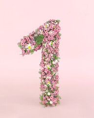 Creative number 1 concept made of fresh Spring wedding flowers. Flower font concept on pastel pink...