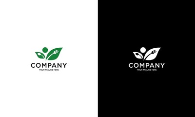Healthy Food Logo, Fresh Food Logo, Leaf Logo With Spoon And Fork and people