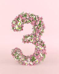 Creative number 3 concept made of fresh Spring wedding flowers. Flower font concept on pastel pink background.