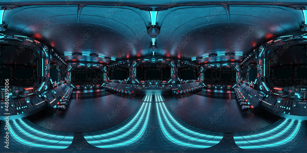 Aufkleber HDRI panoramic view of dark blue spaceship interior with windows. High resolution 360 degrees panorama reflection mapping of a futuristic spacecraft 3D rendering
