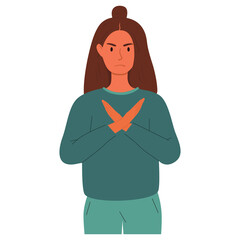 A flat vector cartoon illustration of a woman demonstrating a gesture of disagreement, denial, refusal with her hands. Crossed palms, frowning expression. Nonverbal communication.