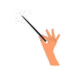 Flat vector illustration of a hand holding a magic wand. Isolated design on a white background. - obrazy, fototapety, plakaty