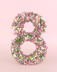 Creative number 8 concept made of fresh Spring wedding flowers. Flower font concept on pastel pink background.