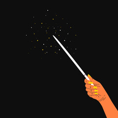 Flat vector illustration of a hand holding a magic wand. Isolated design on a dark background.