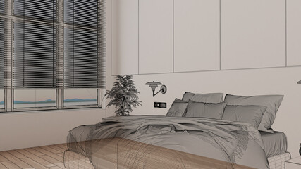 Empty white interior with white walls and herringbone parquet wooden floor, custom architecture design project, black ink sketch, blueprint showing modern bedroom, architecture idea