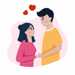 Couple in love looks into each other eyes. Illustration with man and woman on Valentine Day. Postcard for February 14.