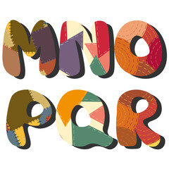 Letters of the alphabet with a pattern of patches. Letters M-R