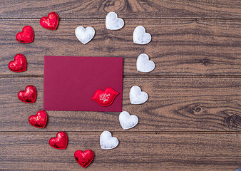 valentine's day card on wooden background