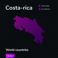 Vector stylized flat map of Costa-rica in violet and black colors on striped background
