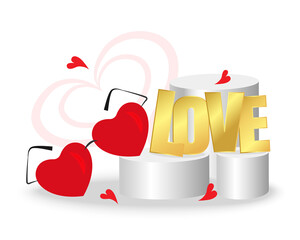 Valentine's day design. Red sunglasses heart shaped. Lettering Love. Decorative festive object. Holiday banner, web poster, flyer, stylish brochure, greeting card, cover. Romantic background. Vector.