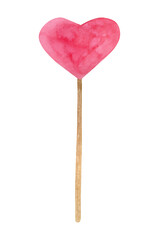 Watercolor heart on wood stick illustration. Hand painted pink heart shaped candy isolated on white background. Romantic lollypop image for Valentine's day, wedding, scrapbook, greeting card, design