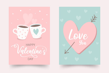 Set of cute Valentine's Day cards with mugs and hearts. Vector illustration.