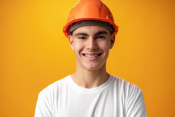 Confident smiling teen boy wearing orange hard hat against yellow background