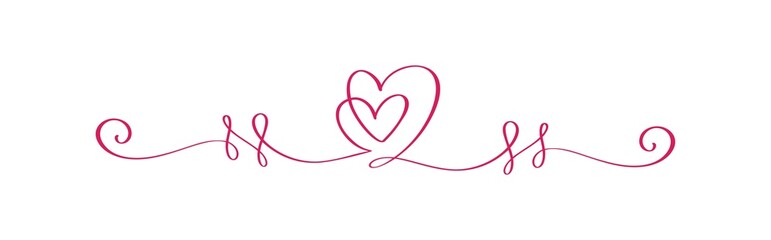 Red Vintage Flourish Vector divider Valentine Day Hand Drawn Black Calligraphic two Hearts. Calligraphy Holiday illustration. Design valentine element. Icon love decor for web, wedding