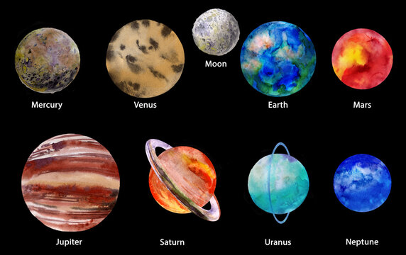 Set of planets of the solar system painted in watercolor isolated on a black background