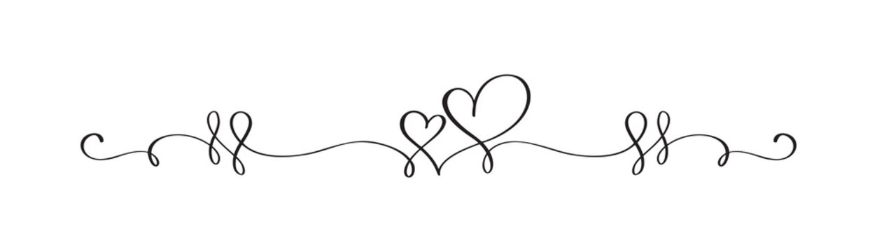 Vintage Flourish Vector divider Valentines Day Hand Drawn Black Calligraphic two Hearts. Calligraphy Holiday illustration. Design valentine element. Icon love decor for web, wedding