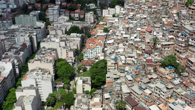 Aerial view Rio de Janeiro Brazil. Faveoi in the city center bordering on rich areas, roads and high-rise buildings on which stand the poor areas. The limit of poverty and wealth.