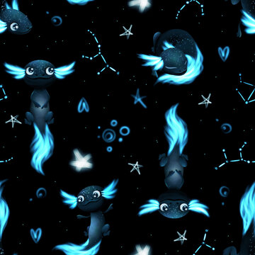 Seamless pattern with various black Axolotls, stars and constalations on vlack background for baby clothes, bed linen, wrapping paper