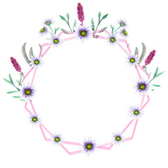 Romantic wreath. Think happy. Business card templates. Wildflowers in watercolor