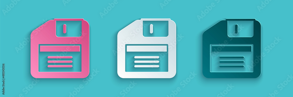 Poster paper cut floppy disk for computer data storage icon isolated on blue background. diskette sign. pap