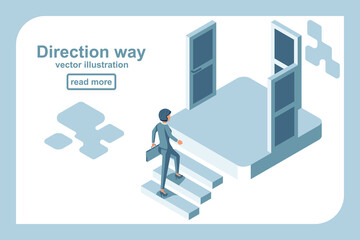 Direction way concept. Choice of a businesswoman. Which path to choose. Lots of stairs and doors. Unknown to come. Decision business metaphor. Vector isometric style design. Isolated on background.