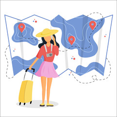 Woman booking a hotel and travelling. Local tourism illustration