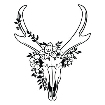 Skull animal with flowers wreath. Skull farm animal with flowers. Vector illustration of a white background. Tattoo.