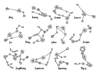 Set of floral zodiac constellations. Collection of stellar bodies and luminaries. Zodiac sign of with glowing lines and flowers. Star chart. Astrological. Vector illustration for planetarium.