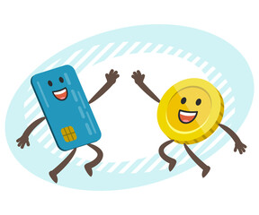 Cartoon Credit Card Character  and Cartoon Coin Character giving high-five. Electronic payments.