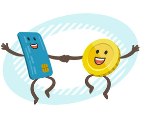 Cartoon Credit Card Character and Coin Character dancing. Joyful meeting. Sweet couple jumps holding hands.
