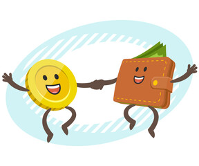 Cartoon Coin Character and Wallet Character dancing. Joyful meeting. Sweet couple jumps holding hands.