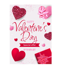 Valentine s Day Poster or banner with hearts on red background. - 480344035