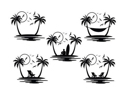 Set of palm island. Collection of tropical sandy beach with palm, surfer or chair. Relaxing vacation. Vector illustration on white background.