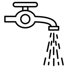The water valve is open, water is flowing. Place of pouring water, water supply, bathroom. Gardening, agronomy. Vector icon, outline, isolated