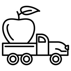 An apple on a truck. Cargo delivery service. Transportation of fruits. Gardening, agronomy. Vector icon, outline, isolated