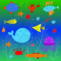 Naklejka na ściany i meble Cartoon sea animals. Cute ocean fish, jellyfish, crabs, whale, starfish, seashells. A set of vector illustrations of underwater animals.